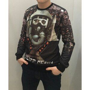 NWT $1800 Philipp Plein Pilots Helmet Graphic Print Sweatshirt Gray Size Large